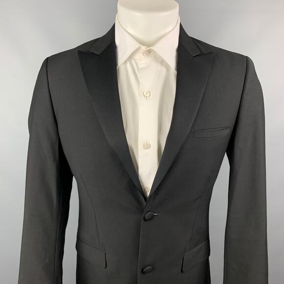 CALVIN KLEIN COLLECTION Size 36 Black Wool Peak Lapel Tuxedo Sport Coat - Picture 2 of 8